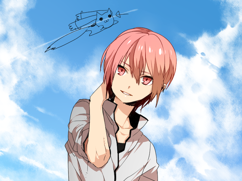 arm_behind_head, cloud, doodle, genderswap, kaname_madoka, kurono_yuu, kyubey, mahou_shoujo_madoka_magica