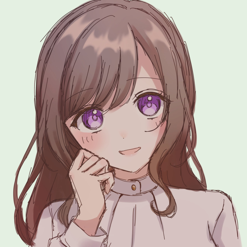 1girl, asymmetrical_bangs, brown_hair, commentary, d4dj, happy, highres, long_hair, long_sleeves, looking_at_viewer, mizushima_marika, open_mouth, portrait, shirt, simple_background, solo, srtrkrm, upper_body, violet_eyes, wavy_hair, white_background, white_shirt