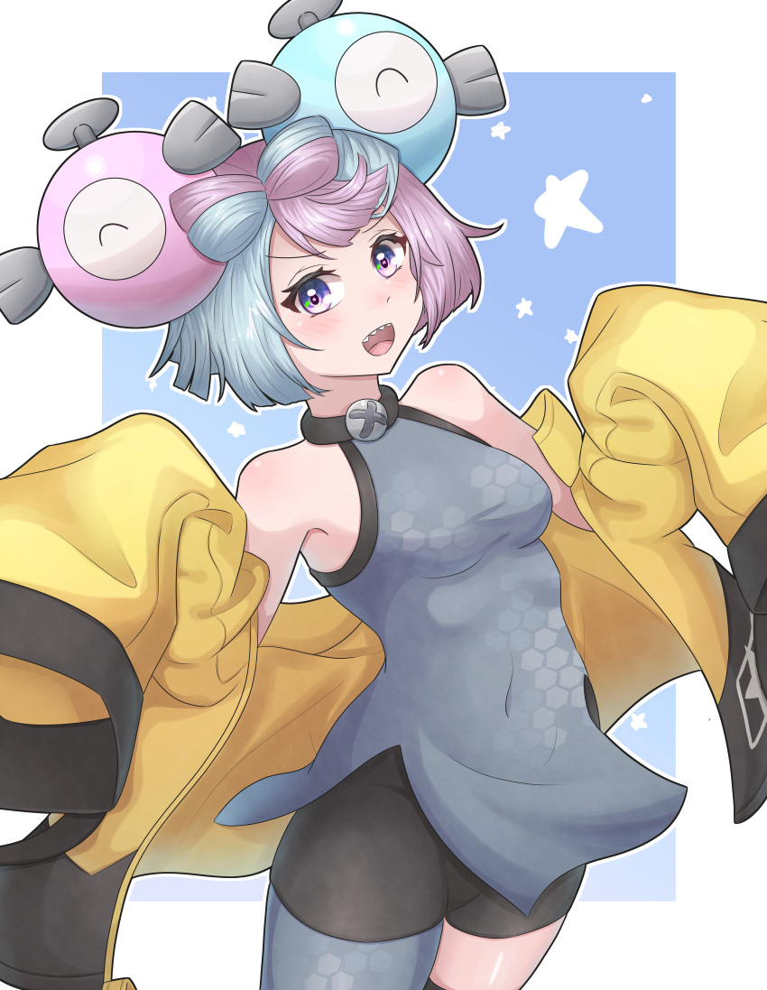 absurdres, alternate_hair_length_(shorter), bare_shoulders, bike_shorts, black_shorts, blue_eyes, blue_hair, blush