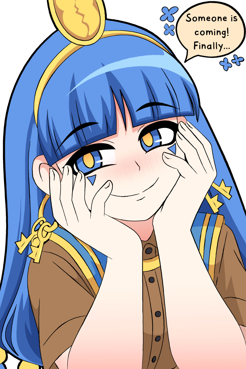absurdres, blue_eyes, blue_hair, brown_shirt, commentary, earrings, english_commentary, english_text, gold, gold_earrings, hair_ornament, hand_on_own_face, highres, holding, jewelry, long_hair, michigami_nareko, no, rui_hill, ruihill, shirt, simple_background, smile, touhou, usekh_collar, white_background, yellow_trim