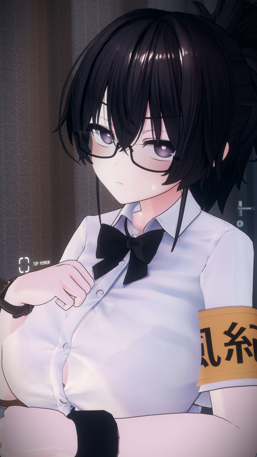 1boy, 3d, :|, absurdres, black_hair, bow, bowtie, breasts, closed_mouth, expressionless, glasses, highres, indoors, jimiko, kazama_ritsuko, large_breasts, light_blush, looking_at_viewer, ponytail, school_uniform, solo, solo_focus, sweat, sweatdrop, violet_eyes, vrc_marvelous, vrchat, wristband
