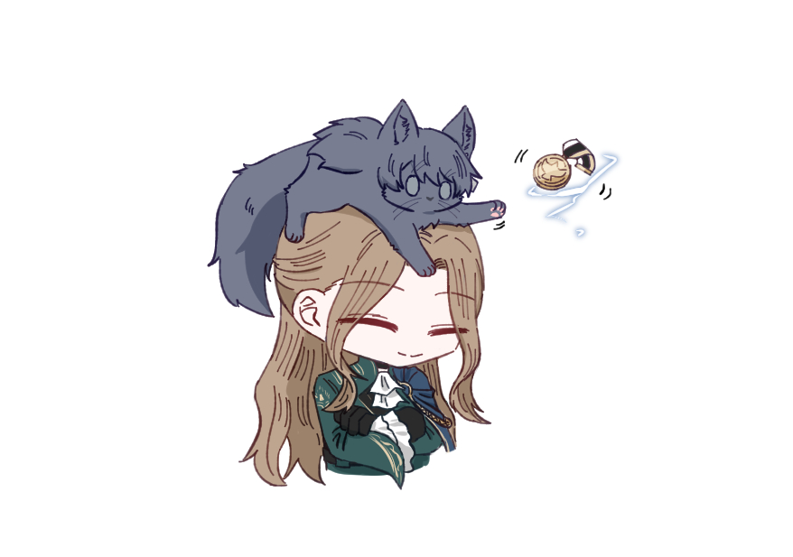 2girls, ascot, augustus_(path_to_nowhere), brown_hair, cat, chibi, chief_(path_to_nowhere), closed_eyes, commentary_request, crossed_arms, female_chief_(path_to_nowhere), korean_commentary, l4s2o, medal, military_uniform, multiple_girls, path_to_nowhere, smile, white_ascot