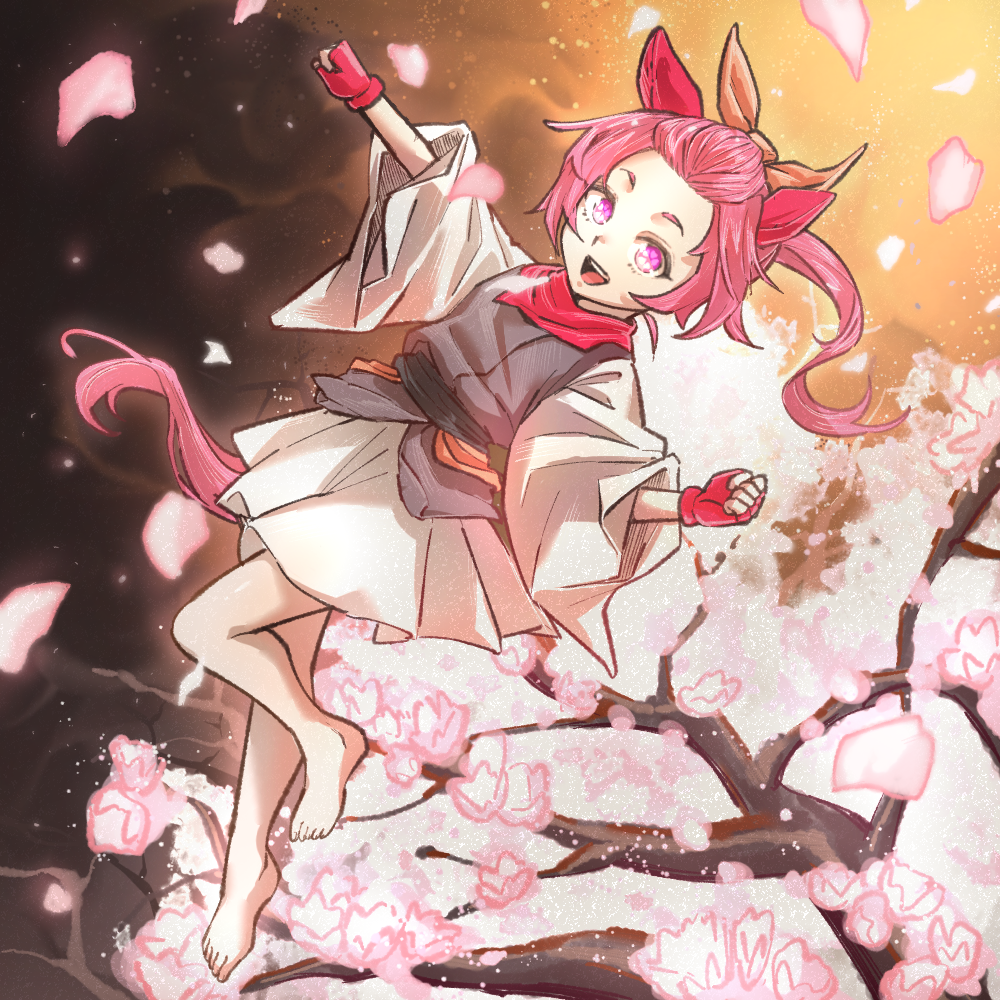 1girl, :d, animal_ears, ash_blossom_&amp;_joyous_spring, ash_blossom_&amp;_joyous_spring_(cosplay), bangs_pinned_back, branch, brown_ribbon