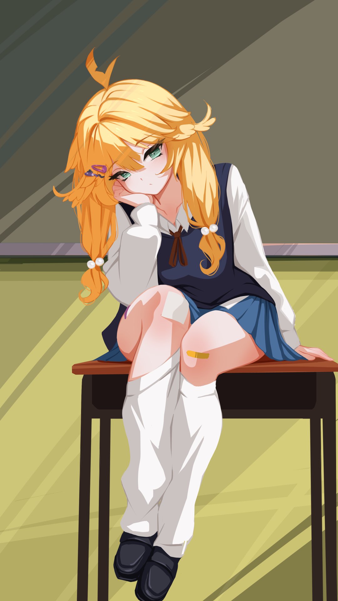 1girl, bandaid, bandaid_on_leg, black_shoes, black_sweater_vest, blonde_hair, blue_skirt, collarbone