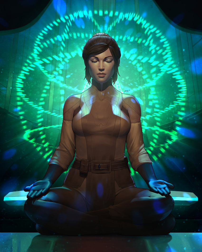 1girl, absurdres, bastila_shan, belt, bodysuit, breasts, brown_belt, brown_bodysuit
