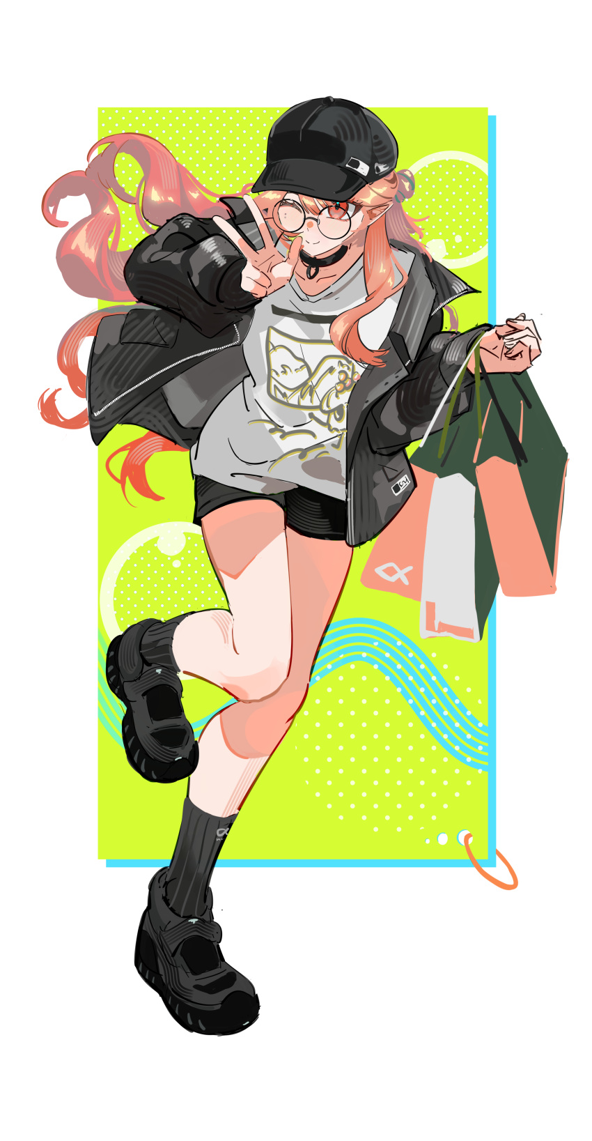 1girl, absurdres, arknights, bag, baseball_cap, black_choker, black_hat, black_jacket
