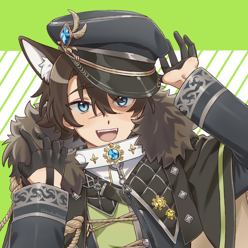 1boy, :d, animal_ear_fluff, animal_ears, black_capelet, black_gloves, black_hat, black_jacket