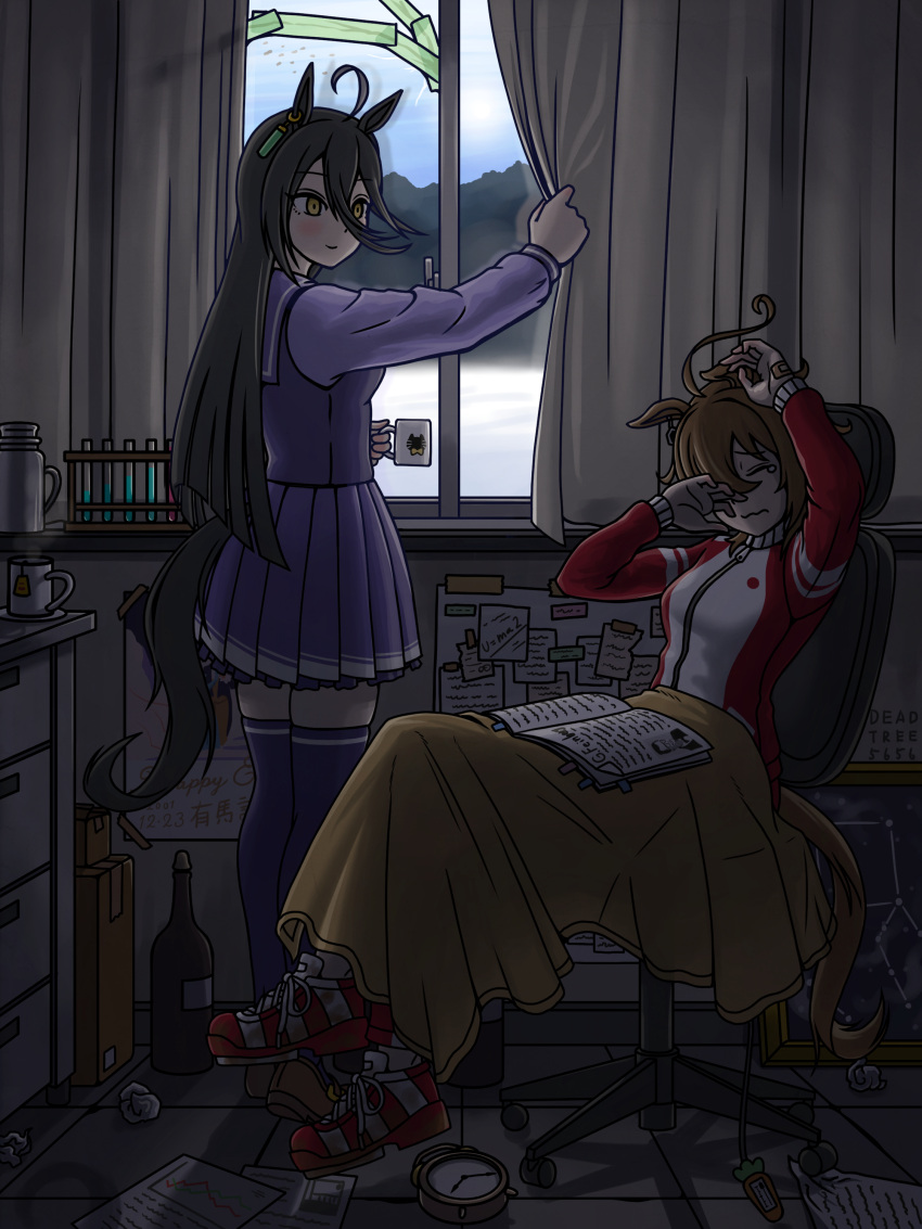 2girls, absurdres, agnes_tachyon_(umamusume), alarm_clock, animal_ears, arm_up, blanket, blush, book, book_on_lap, bookmark, brown_coat, cabinet, chair, chalkboard, clock, closed_eyes, closed_mouth, coat, commentary_request, constellation, crumpled_paper, cup, curtains, day, dirty, dirty_clothes, file_cabinet, graph, hand_up, highres, holding, holding_cup, horse_ears, horse_girl, horse_tail, kareeda_(deadtree5656), looking_at_another, manhattan_cafe_(umamusume), mug, multiple_girls, office_chair, open_book, opening_curtains, pegasus_(constellation), school_uniform, shoes, smile, snow, swivel_chair, tail, tape, teardrop, test_tube, test_tube_rack, thermos, thigh-highs, tile_floor, tiles, tracen_school_uniform, tracen_training_uniform, umamusume, waking_up, wavy_hair, yellow_eyes, zettai_ryouiki