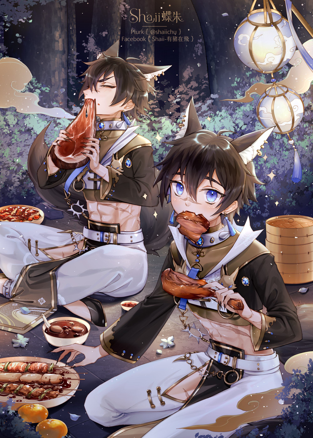 2boys, abs, animal_ear_earrings, animal_ear_fluff, animal_ears, artist_name, bamboo_steamer, belt