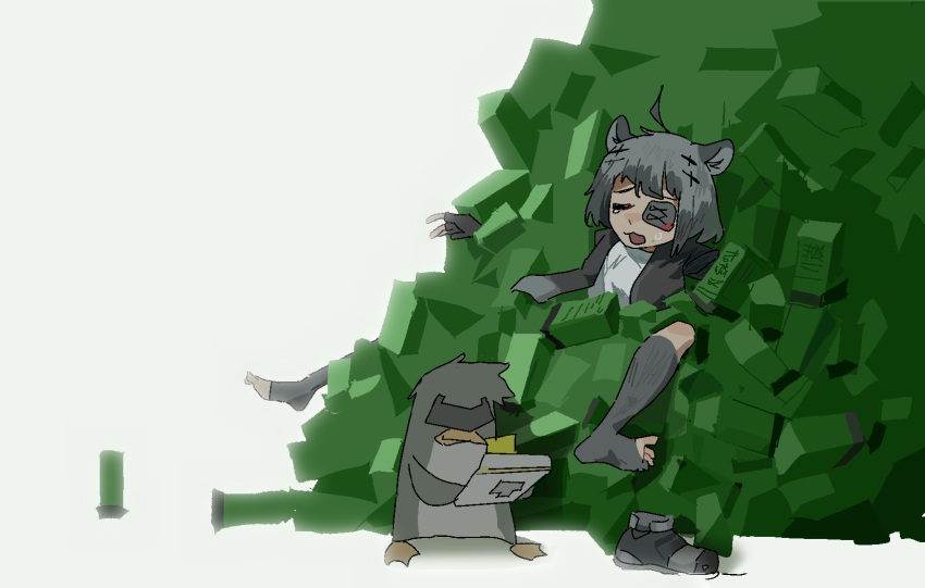 1girl, 1other, :3, animal_ear_fluff, animal_ears, arknights, arknights:_endfield, battery, black_gloves, black_jacket, black_shoes, black_socks, closed_eyes, endministrator_(arknights), er_ling_balu, gloves, grey_hair, highres, ipad, jacket, open_mouth, shirt, shoes, short_hair, socks, tablet_pc, tangtang_(arknights), video_available, white_background, white_shirt