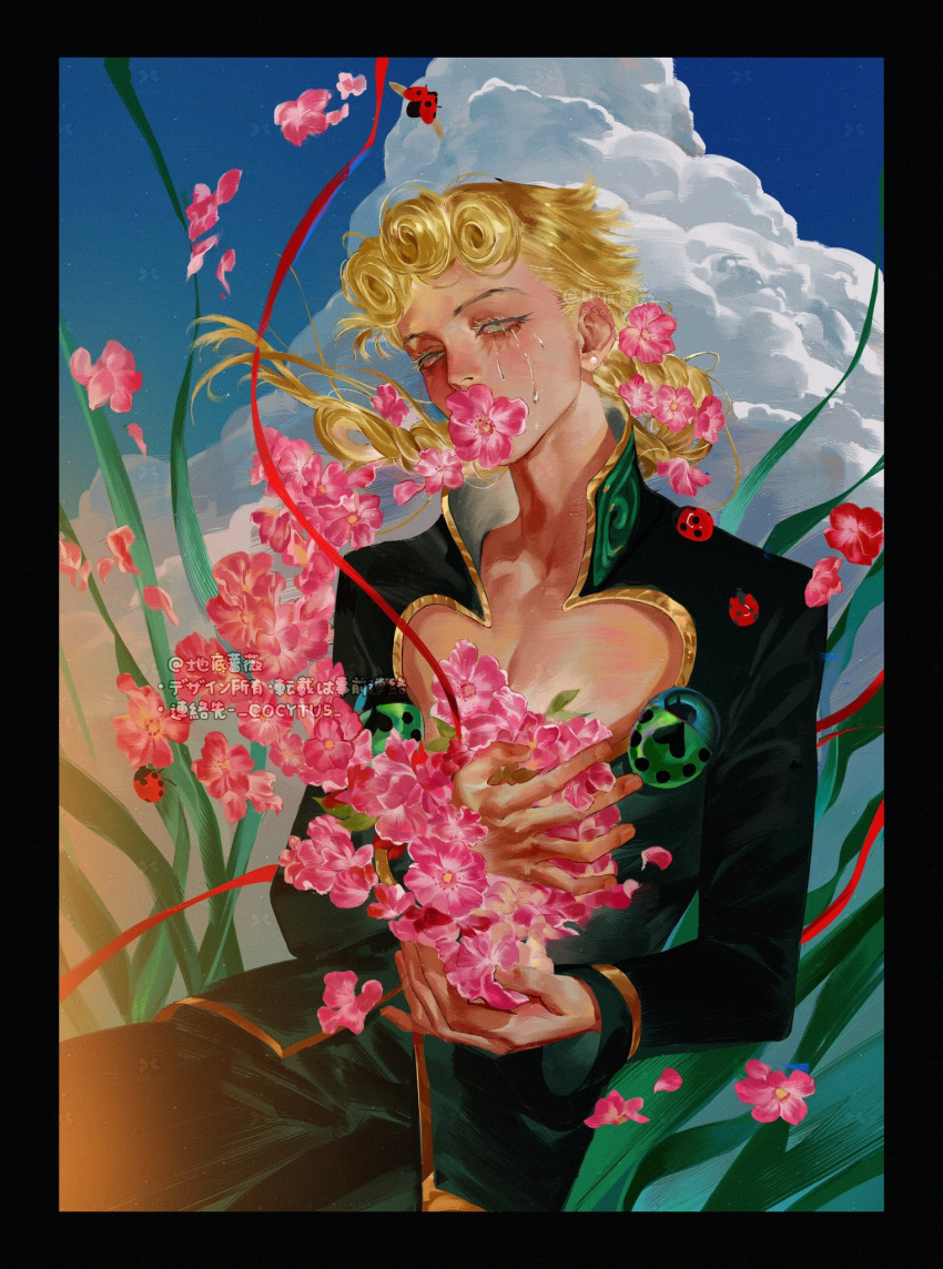 1boy, black_jacket, black_pants, blonde_hair, blue_sky, border, bracelet, braid, braided_ponytail, bug, cherry, clothing_cutout, clouds, cloudy_sky, cocytu5, commentary, commentary_request, covered_mouth, crying, crying_with_eyes_open, earrings, flower, flower_in_mouth, food, fruit, giorno_giovanna, green_eyes, high_collar, highres, italian_commentary, jacket, jewelry, jojo_no_kimyou_na_bouken, ladybug, ladybug_brooch, long_hair, long_sleeves, looking_at_viewer, male_focus, outdoors, pants, pectorals, petals, pink_flower, single_braid, sky, solo, streaming_tears, tears, vento_aureo, victory_rolls