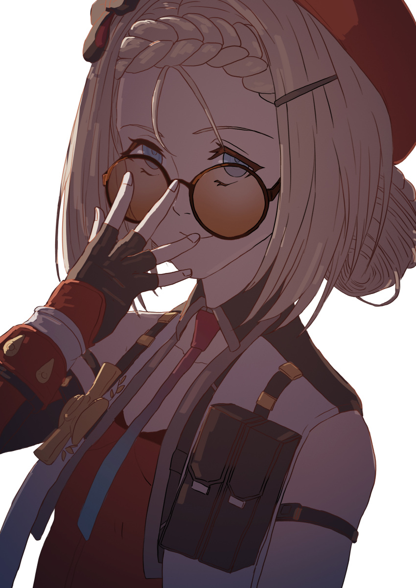 1010kman, 1girl, absurdres, ammunition_pouch, black_gloves, blonde_hair, blue_eyes, fingerless_gloves