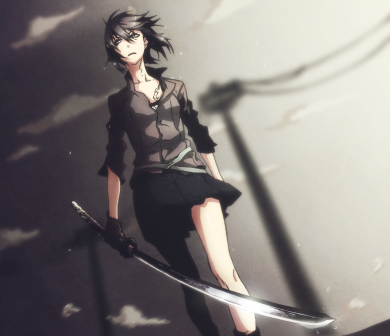 black_hair, breasts, cleavage, cloud, dogs:_bullets_&amp;_carnage, dutch_angle, from_below, fuyumine_naoto