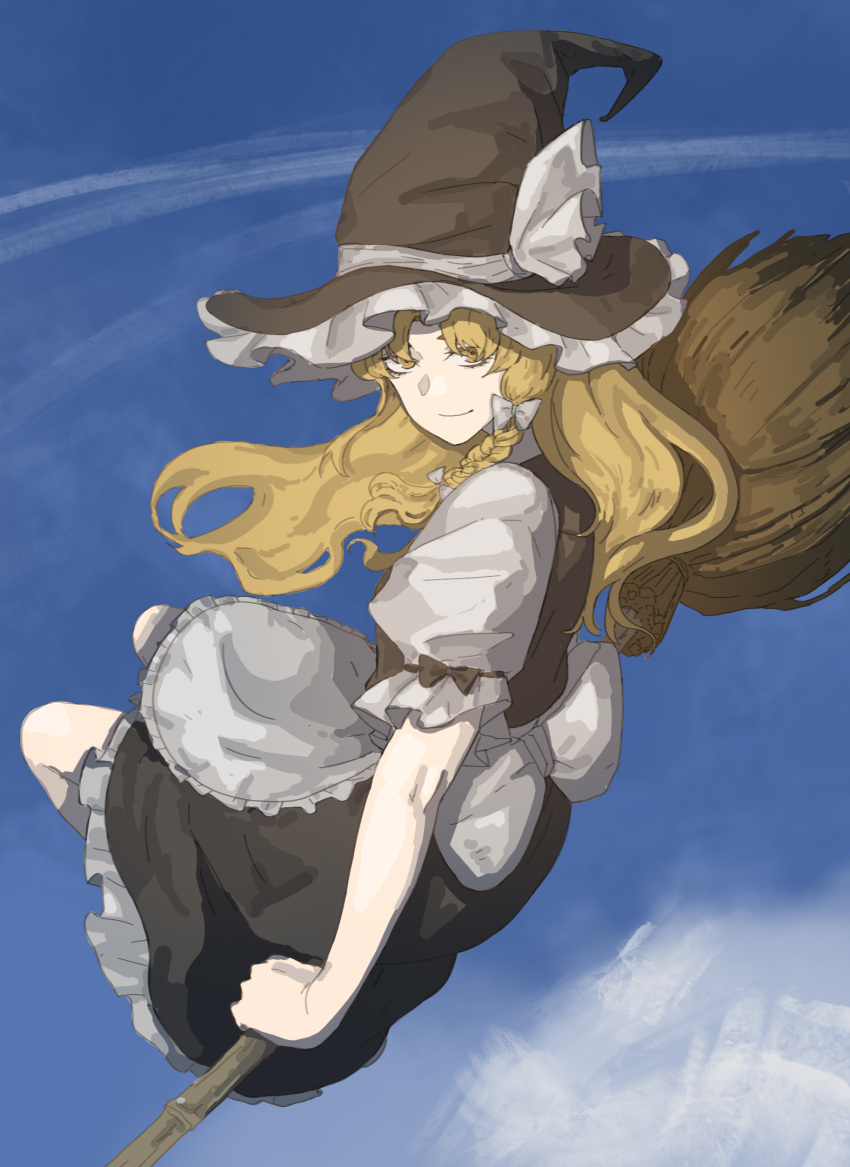1010kman, 1girl, above_clouds, apron, blonde_hair, braid, clouds, hat