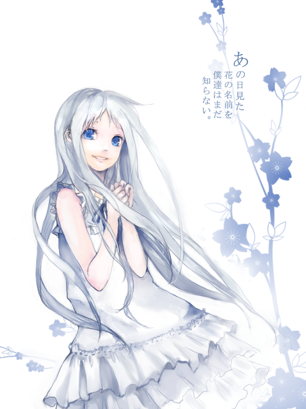 blue_eyes, dress, flower, honma_meiko, long_hair, oxalicacid, ribbon, silver_hair