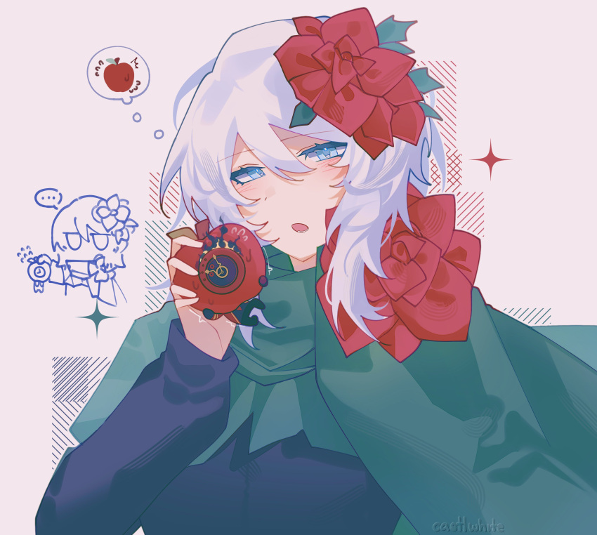 ..., 1girl, 1other, absurdres, apple, artist_name, black_jacket, blue_eyes