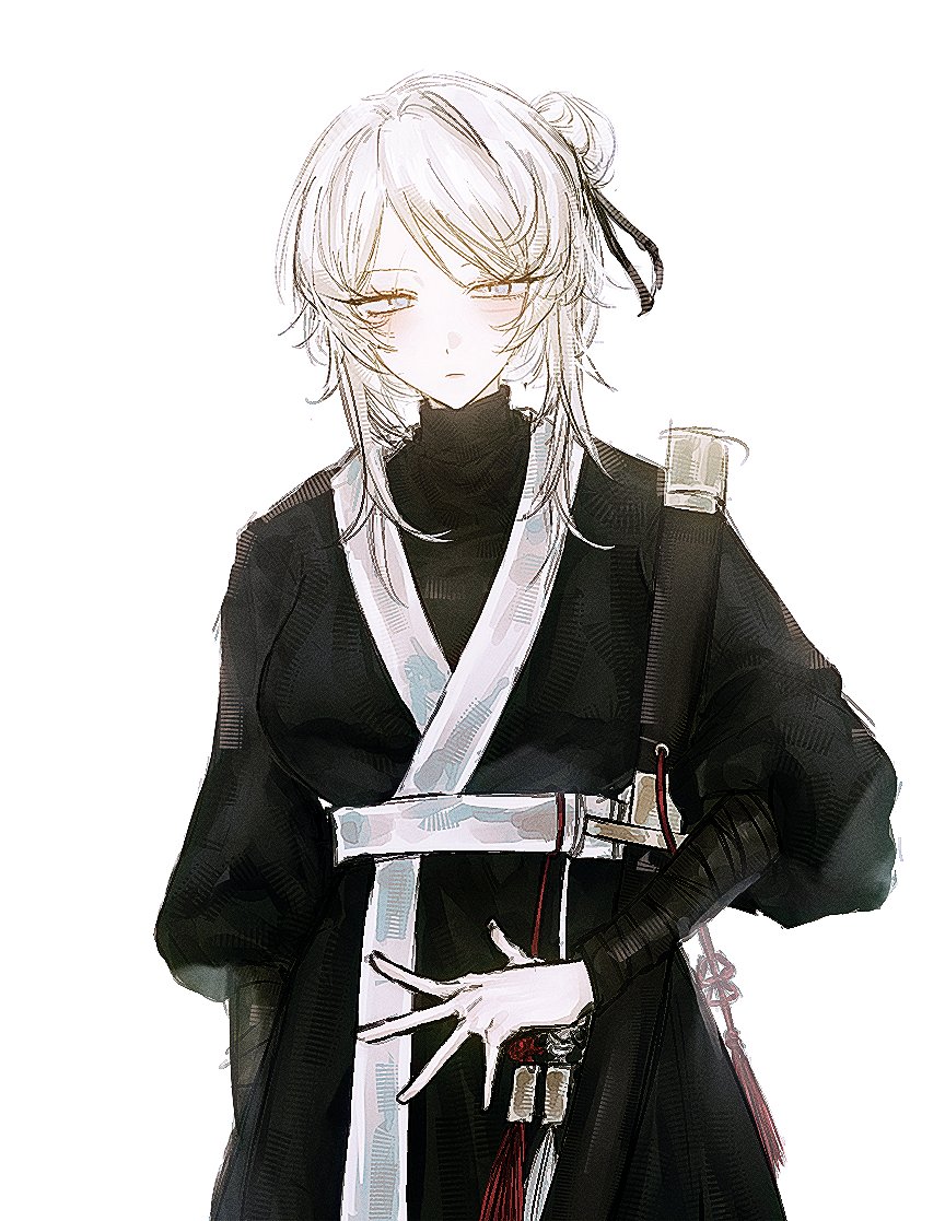 1girl, black_kimono, black_ribbon, black_shirt, blade_lineage_(identity)_(project_moon), breasts, closed_mouth, commentary, expressionless, faust_(project_moon), gmxh_mx, hair_bun, hair_up, japanese_clothes, kimono, light_blush, limbus_company, medium_hair, pale_skin, project_moon, ribbon, shirt, sidelocks, simple_background, solo, sword, turtleneck, turtleneck_shirt, two-tone_kimono, untranslatable_commentary, upper_body, weapon, white_background