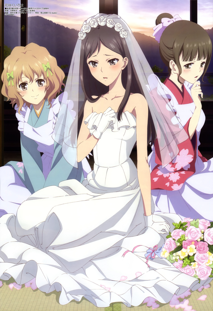 3girls, absurdres, amano_kazuko, apron, bare_shoulders, blush, bouquet, brown_eyes