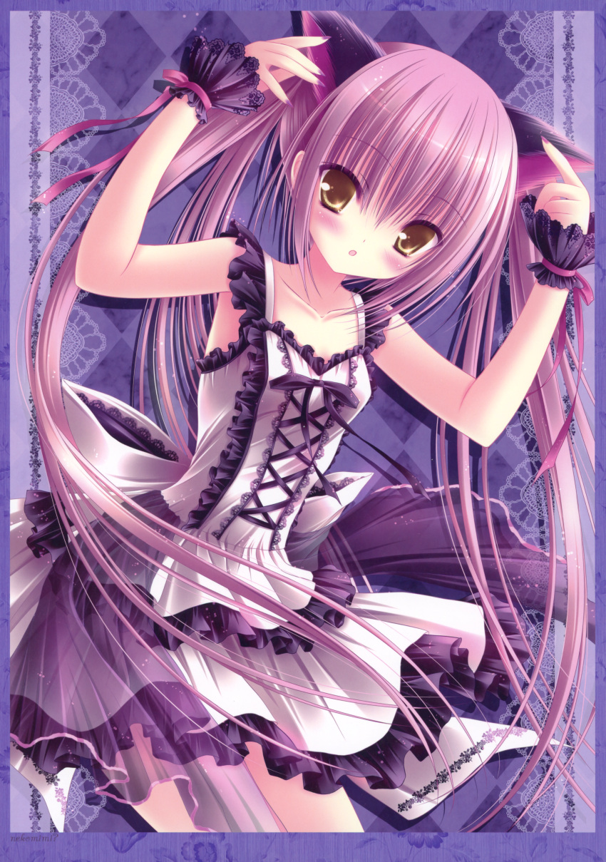 animal_ears, blush, brown_hair, cat_ears, collarbone, dress, flat_chest, frills