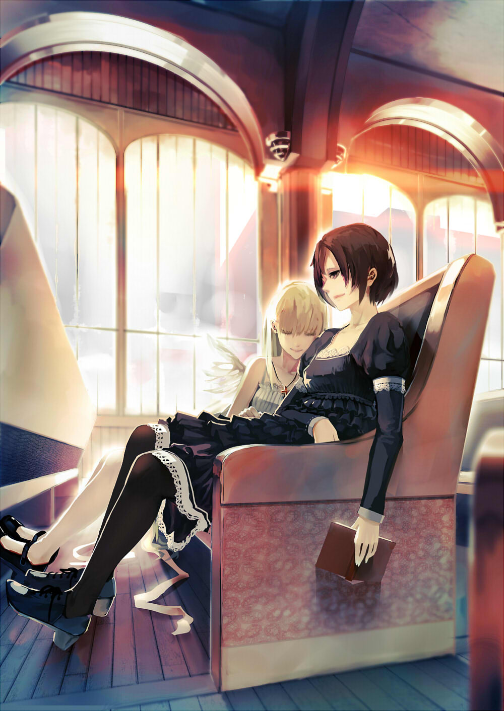 a.r.k, arch, bare_shoulders, black_eyes, black_hair, black_legwear, blonde_hair, book, closed_eyes, cross, dogs:_bullets_&amp;_carnage, dress, fuyumine_naoto, hair_over_one_eye, highres, jewelry, lace-trimmed_skirt, long_hair, multiple_girls, necklace, nill, pantyhose, short_hair, sitting, sleeping, sunlight, white_legwear, window, wings, wooden_floor