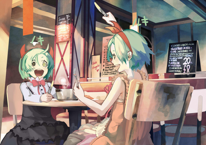 a.r.k, bare_shoulders, bow, butterknife, dogs:_bullets_&amp;_carnage, dress, green_hair, hair_bow