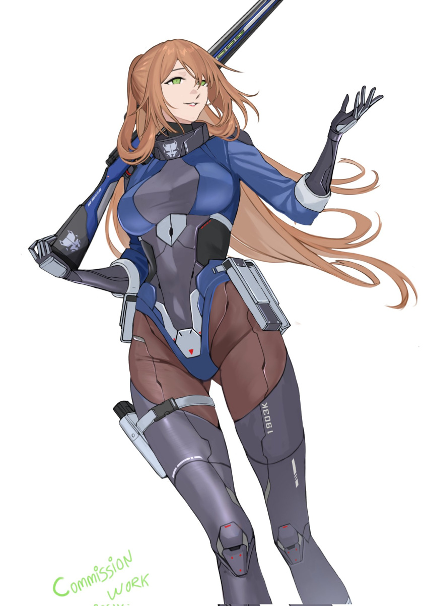 1girl, android, black_thighhighs, breasts, brown_hair, commission, cropped_legs, english_commentary
