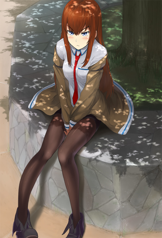 black_legwear, blue_eyes, blush, brown_hair, hand_between_legs, kohane, legs, long_hair, makise_kurisu, necktie, pantyhose, payot, shade, sitting, solo, steins;gate, v_arms