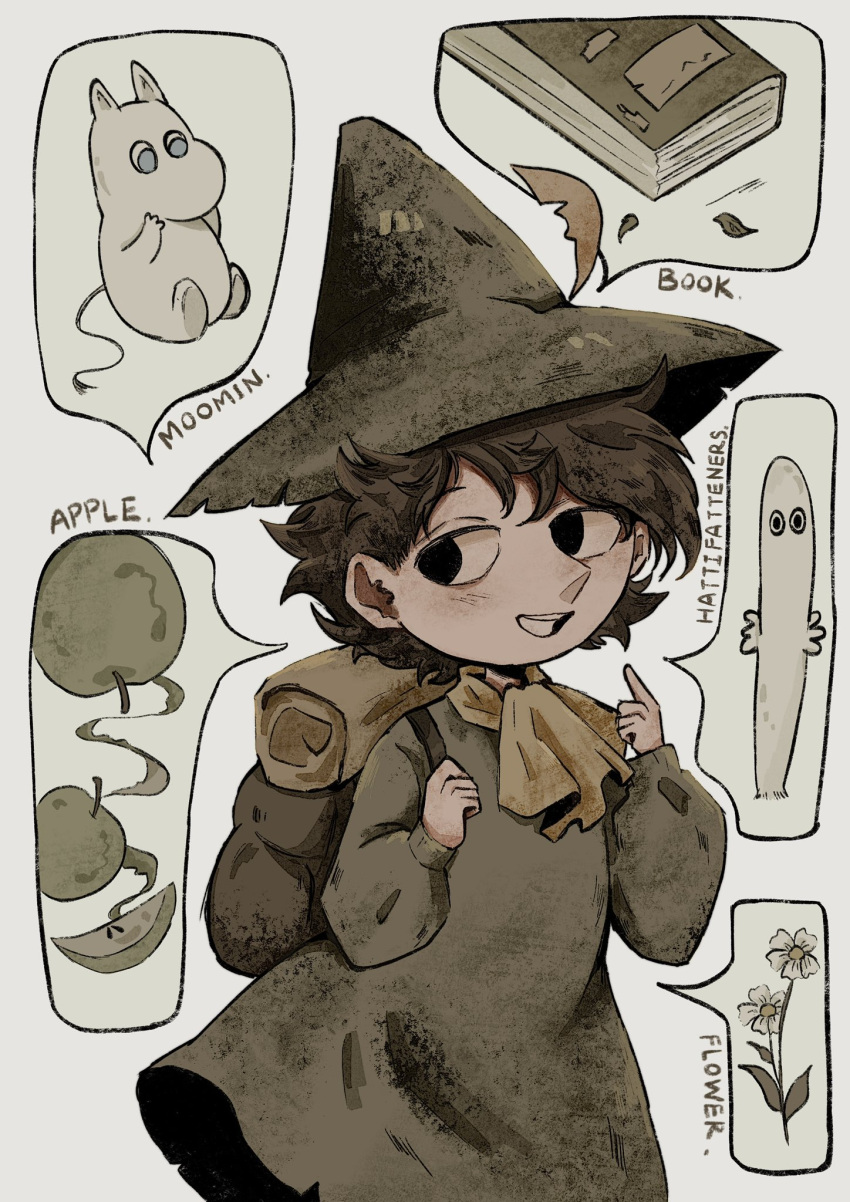 1boy, apple, apple_peel, apple_slice, backpack, bag, black_eyes, book, brown_bag, brown_hair, commentary, creature, curly_hair, daffodil, english_text, flower, food, fruit, ghost, green_hat, green_shirt, hands_up, hat, hat_feather, hattifattener, highres, leaf, long_sleeves, looking_at_viewer, male_focus, moomin, moomintroll, open_mouth, pointy_nose, shimoomin006, shirt, short_hair, smile, snufkin, speech_bubble, teeth, upper_body, upper_teeth_only, white_flower