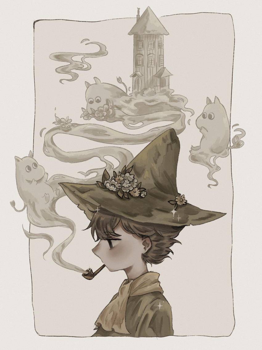 1boy, black_eyes, brown_hair, building, chimney, commentary_request, conical_roof, flower, from_side, green_hat, green_shirt, hat, hat_flower, highres, looking_down, male_focus, moomin, moomintroll, profile, scarf, shimoomin006, shirt, short_hair, smoke, smoke_trail, smoking, smoking_pipe, snufkin, sparkle, tower, upper_body, white_flower, white_hair, window, wizard_hat, yellow_flower, yellow_scarf