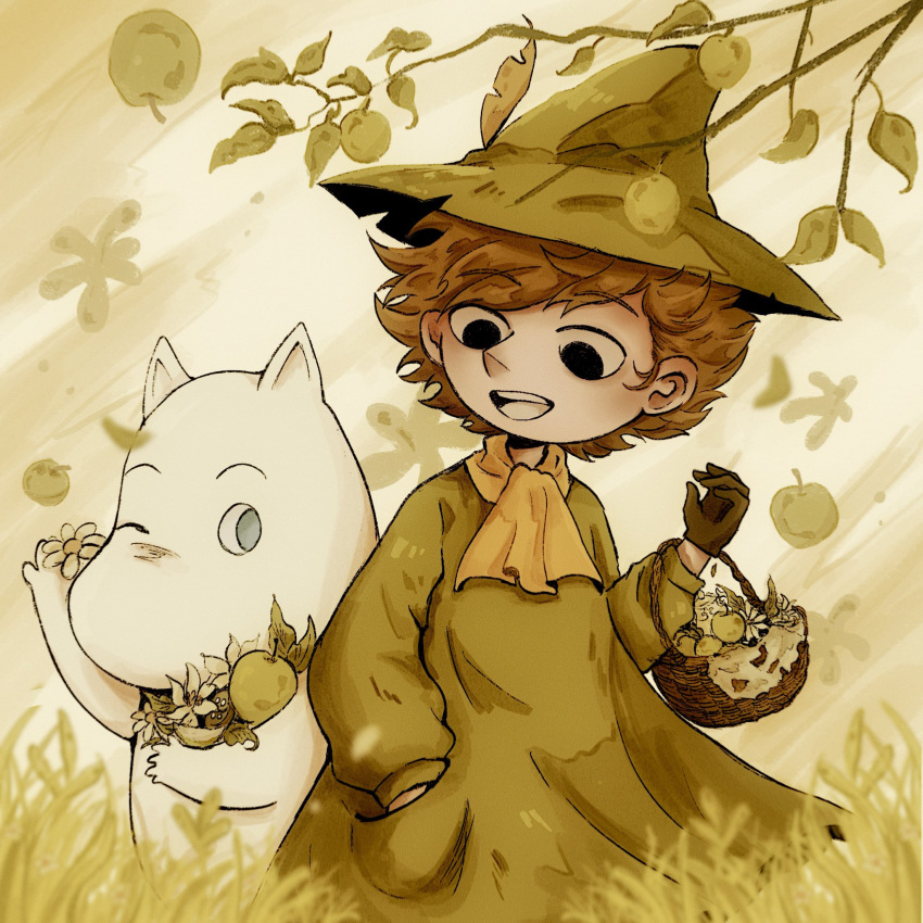 1boy, apple, apple_tree, basket, black_eyes, black_gloves, blue_eyes, brown_hair