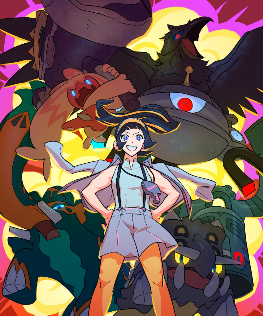 1girl, absurdres, aged_up, bastiodon, bronzong, coat, coat_on_shoulders, copperajah, corviknight, explosion, from_below, goemulmaster, hand_on_own_hip, highres, jewelry, key, long_hair, looking_at_viewer, magnezone, more_muscular_than_canon, muscular, necklace, pokemon, pokemon_(creature), pokemon_scarlet_and_violet, ponytail, poppy_(pokemon), skirt, smile, steel_type_theme_(pokemon), tinkaton, v-shaped_eyebrows