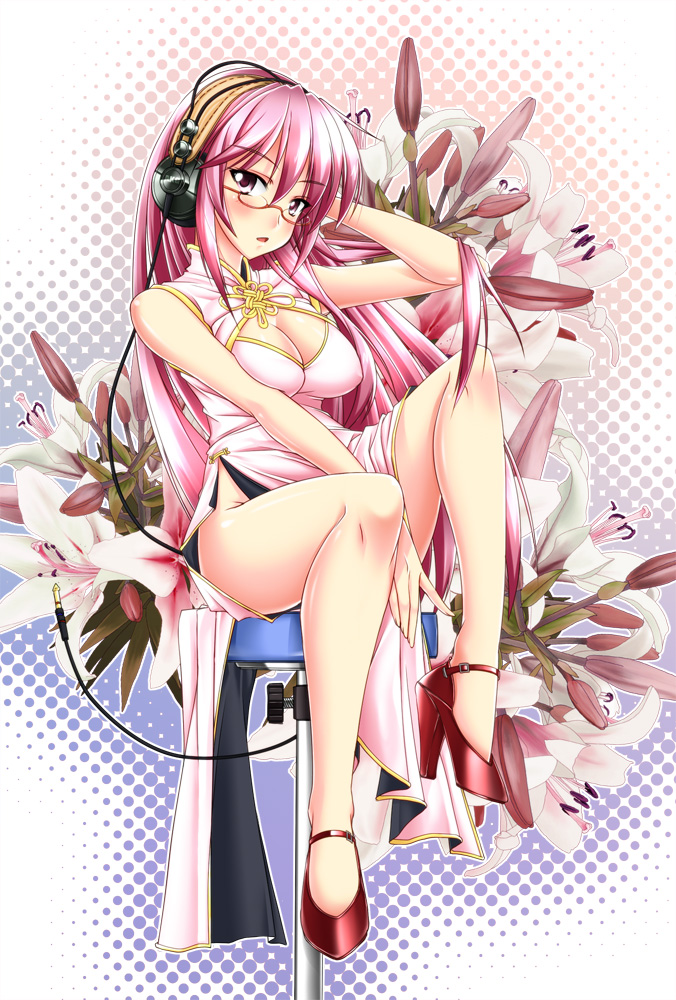 bare_legs, bespectacled, blush, breasts, china_dress, chinese_clothes, cleavage, cleavage_cutout