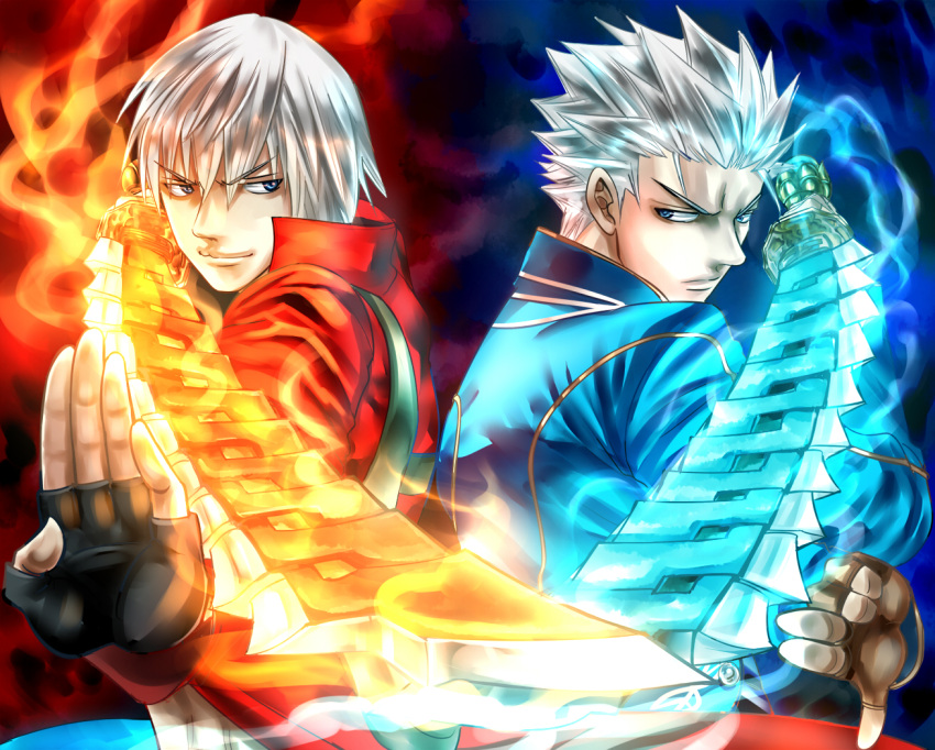 2boys, agni, agni_(devil_may_cry), back-to-back, blue, blue_eyes, brothers, coat, dante, dante_(devil_may_cry), devil_may_cry, devil_may_cry_(series), fire, gloves, male, multiple_boys, nagare, pose, red, rudra, rudra_(devil_may_cry), siblings, smirk, sword, twins, vergil, vergil_(devil_may_cry), weapon, white_hair, wind