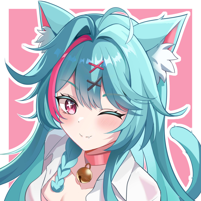 1girl, animal_ears, aqua_hair, cat_ears, cat_girl, cat_tail, closed_mouth, colored_eyelashes, commentary_request, fang, hair_ornament, highres, kawtorikomi, long_hair, mint_(leisurely_holiday)_(neverness_to_everness), mint_(nte), multicolored_hair, neverness_to_everness, official_alternate_costume, one_eye_closed, pink_eyes, pink_hair, shirt, skin_fang, smile, solo, tail, two-tone_hair, very_long_hair, white_shirt, x_hair_ornament