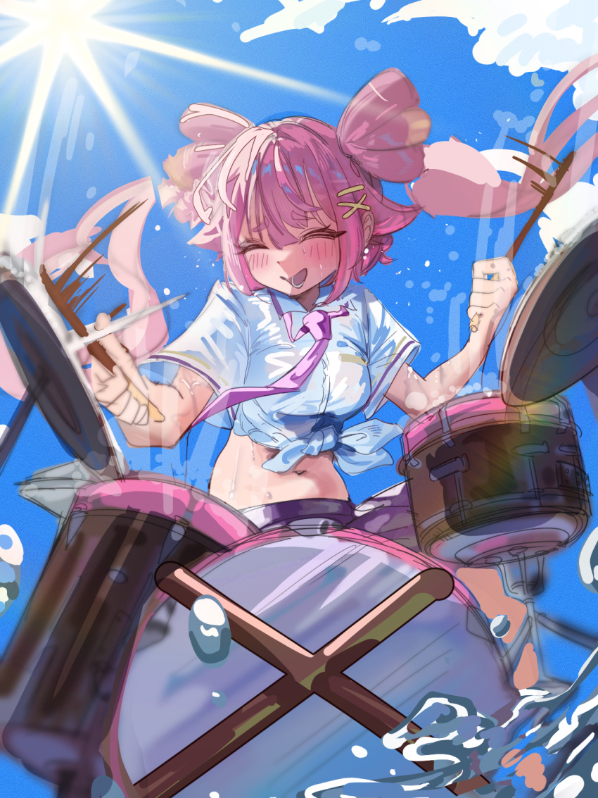 1girl, blush, closed_eyes, cookie_run, cookie_run:_kingdom, drumsticks, gutan_(gugangtan), hair_ornament