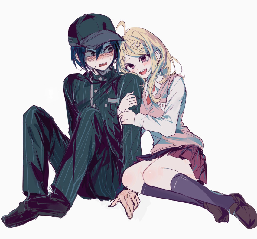 1boy, 1girl, ahoge, akamatsu_kaede, arm_hug, black_hair, black_jacket, blonde_hair