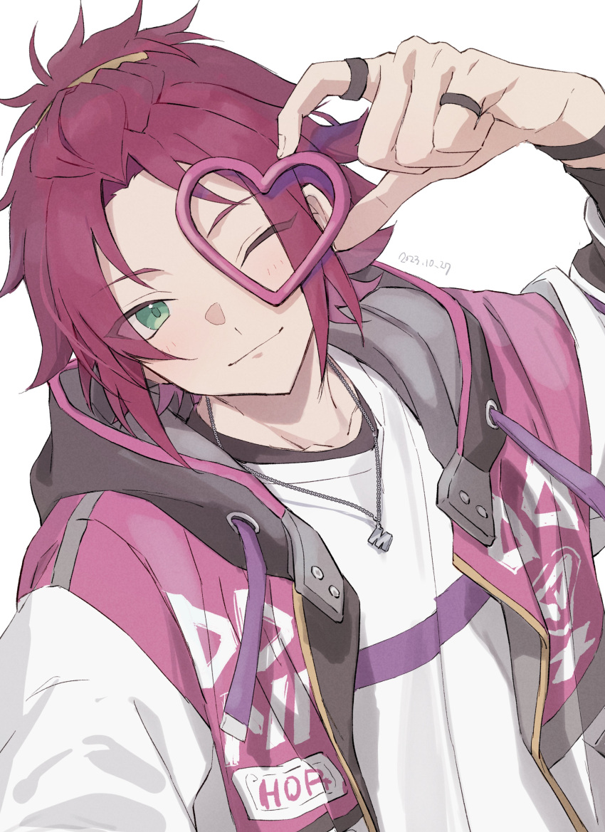 1boy, absurdres, bangs_pinned_back, closed_mouth, commentary, curtained_hair, dated, drawstring, ensemble_stars!, eyes_visible_through_hair, feature_scout_1_(ensemble_stars!), green_eyes, hair_ornament, hairclip, heart, highres, holding, hood, hood_down, hooded_jacket, isara_mao, jacket, jewelry, layered_clothes, long_sleeves, looking_at_viewer, male_focus, multiple_rings, necklace, official_alternate_costume, one_eye_closed, open_clothes, open_jacket, red_hair, reijiro, ring, short_hair, simple_background, smile, solo, white_background