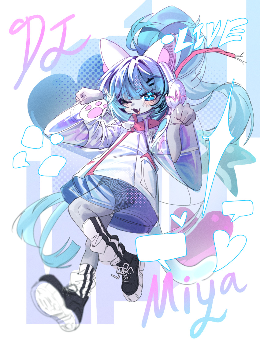 1girl, :3, ;3, animal_ear_headphones, animal_ears, blue_eyes, blue_hair, cat_ear_headphones, cat_ears, cat_tail, character_name, commentary_request, cookie_run, cookie_run:_ovensmash, dj_miya, fake_animal_ears, fang, gutan_(gugangtan), headphones, highres, korean_commentary, long_hair, one_eye_closed, ponytail, see-through_clothes, shorts, shorts_under_skirt, socks, solo, speech_bubble, tail, white_socks