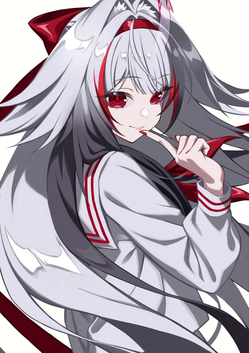 1girl, absurdres, alternate_costume, black_hair, closed_mouth, commentary_request, fingernails, grey_hair