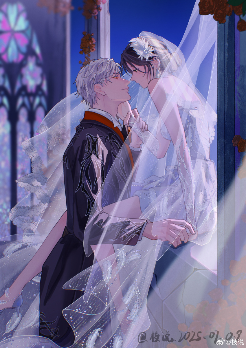 1boy, 1girl, absurdres, adam's_apple, bare_legs, black_jacket, bridal_veil, brown_hair, chinese_commentary, church, closed_mouth, commentary_request, contrast_lapels, couple, cowboy_shot, dated, dress, earrings, elbow_gloves, feather_earrings, feather_hair_ornament, feathers, fingerless_gloves, from_side, full_body, gloves, hair_ornament, hand_on_another's_face, hetero, highres, holding_another's_arm, holding_hands, jacket, jewelry, lapels, looking_at_another, love_and_deepspace, nose, official_alternate_costume, profile, protagonist_(love_and_deepspace), red_eyes, short_hair, sitting_in_window, stained_glass, strapless, strapless_dress, suit_jacket, sylus_(alternative_darkborne)_(love_and_deepspace), sylus_(love_and_deepspace), veil, watermark, wedding_dress, weibo_username, weibo_watermark, white_dress, white_gloves, white_hair, wind, wingtip_collar, zhishuo418