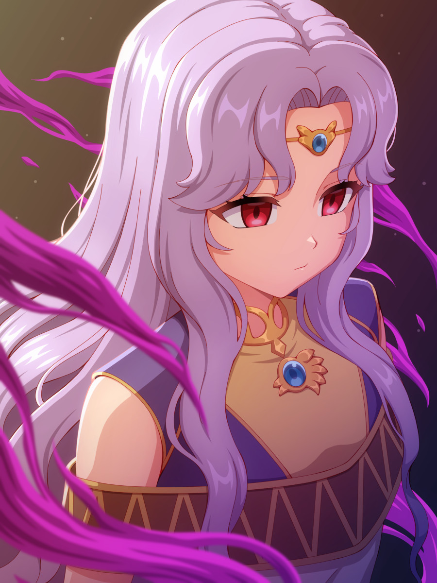 1girl, blue_gem, canis_(fire_emblem), circlet, closed_mouth, commentary_request, corruption, curtained_hair