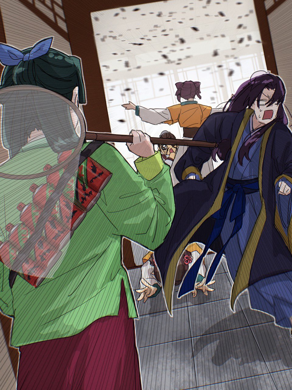 2boys, 3girls, anachronism, aoqun, blue_hanfu, blue_ribbon, blue_robe, brown_hair