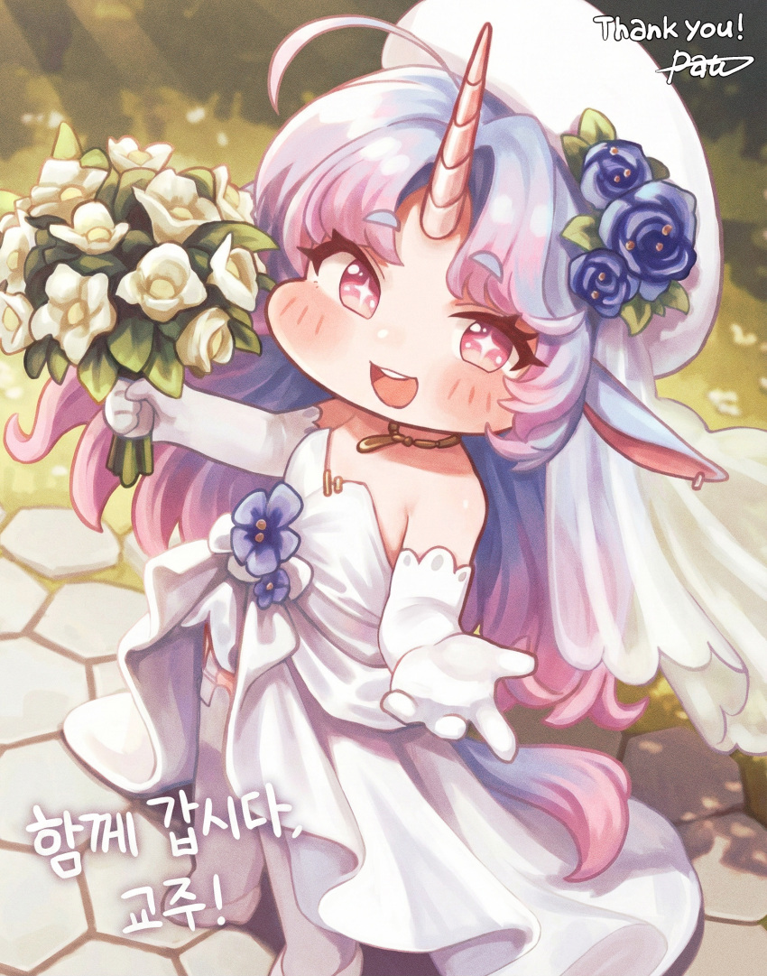 1girl, ahoge, animal_ears, blue_hair, bouquet, bridal_veil, bride, chibi