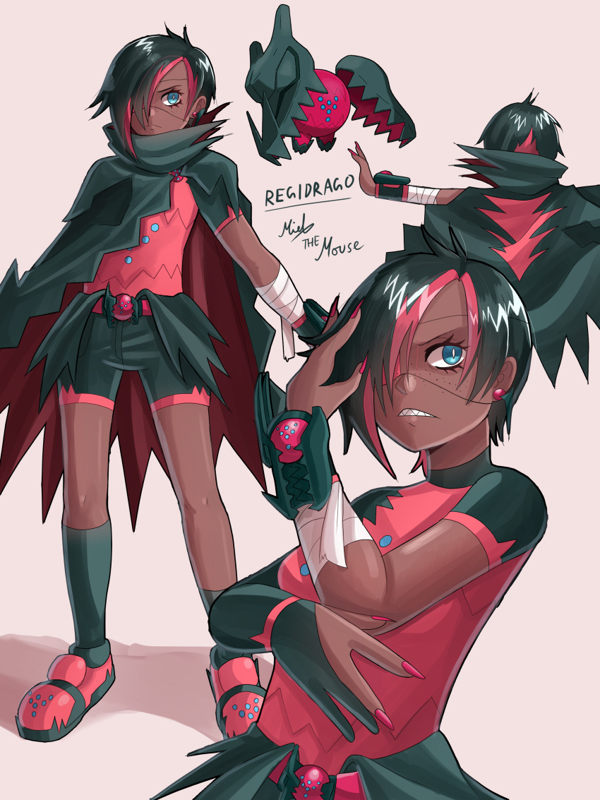 1other, absurdres, belt, black_cape, black_hair, black_socks, blue_eyes, cape, dark_skin, earclip, earrings, freckles, hair_over_one_eye, hand_up, highres, jewelry, mielthemouse, multicolored_hair, multiple_views, personification, pink_nails, pokemon, red_cape, red_shoes, reference_inset, regidrago, sharp_teeth, shoes, short_hair, short_shorts, shorts, socks, standing, streaked_hair, teeth