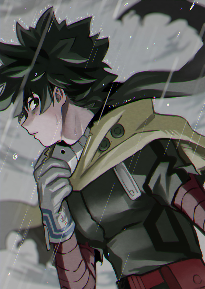 1boy, absurdres, adjusting_cape, belt, belt_pouch, blurry, blurry_background, bodysuit