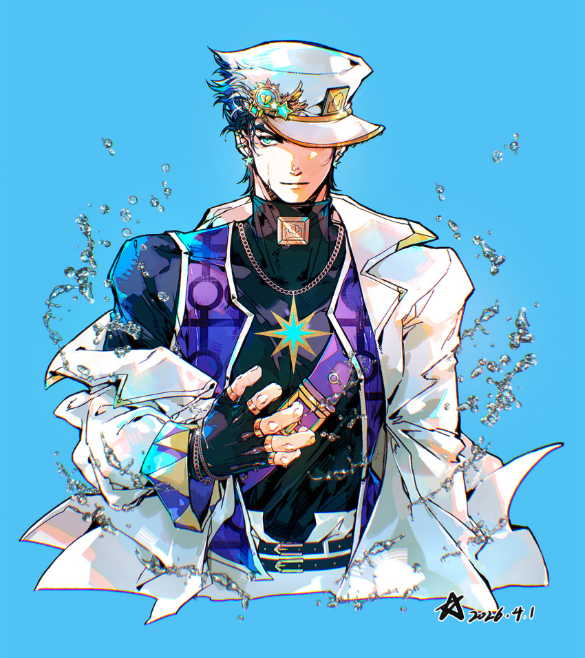 1boy, aqua_eyes, belt, belt_buckle, black_gloves, black_hair, black_shirt, blue_background
