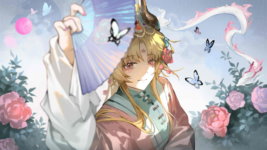 1girl, arknights, blonde_hair, blurry, blurry_foreground, bug, butterfly, chinese_clothes