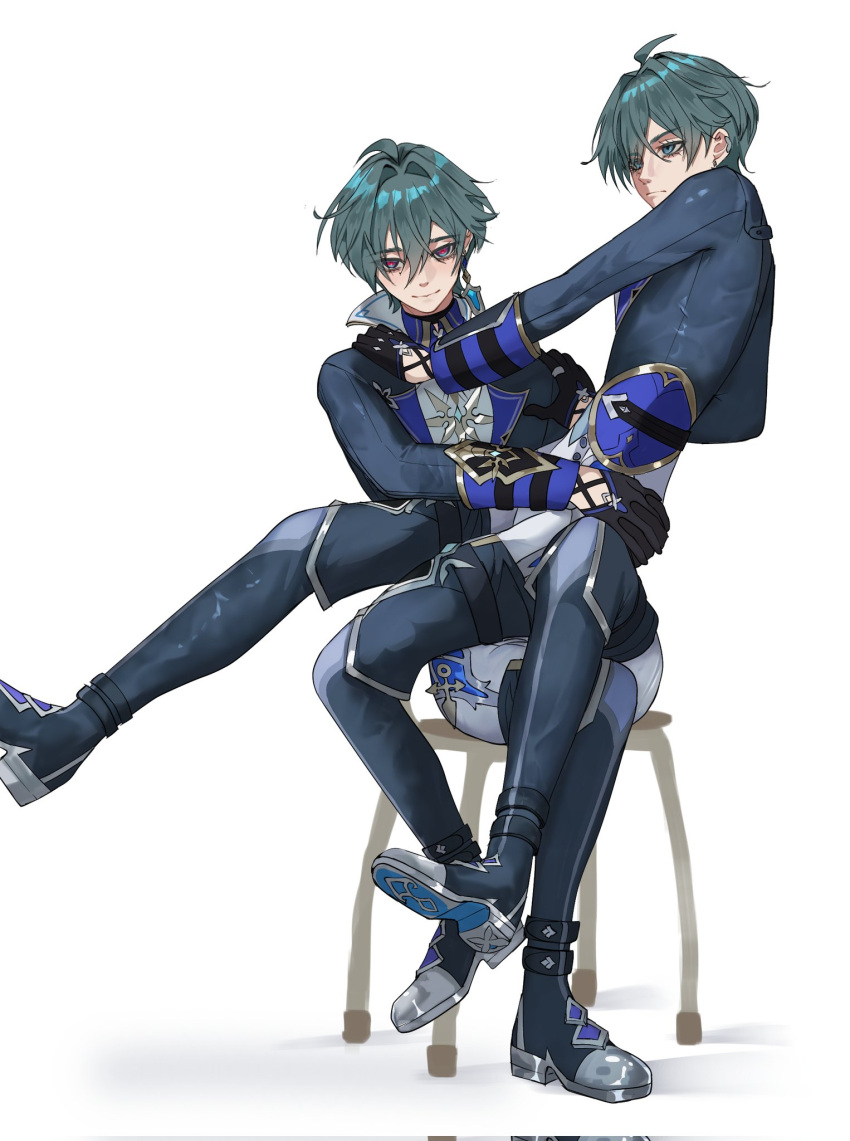 2boys, ahoge, aqua_hair, black_gloves, boots, chair, clone, closed_mouth