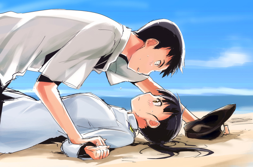 black_hair, blush, brown_eyes, hat, hat_removed, headwear_removed, hijikata_keisuke, lying, military, military_uniform, motsu_(artist), mozu_(peth), ponytail, sakamoto_mio, sketch, strike_witches, uniform, wrist_grab