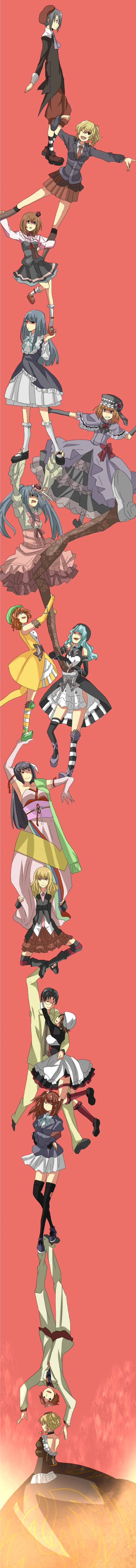 bad_id, beatrice, durarara!!, eva_beatrice, featherine_augustus_aurora, frederica_bernkastel, furfur, furudo_erika, highres, kanon_(umineko), legs, long_image, mismatched_legwear, parody, shannon, tall_image, totem_pole, trust_me, umineko_no_naku_koro_ni, ushiromiya_ange, ushiromiya_battler, ushiromiya_george, ushiromiya_jessica, ushiromiya_maria, yuzuki_chimari, zepar